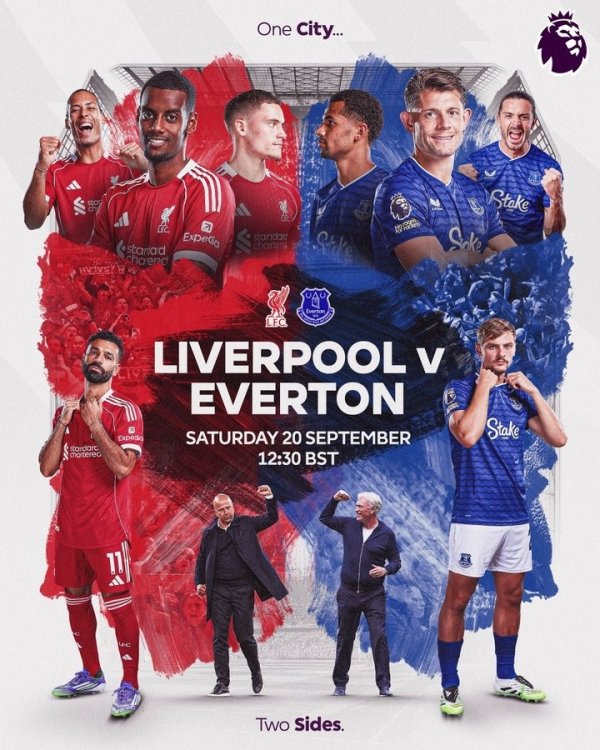 Premier League official poster preheating the Merseyside Derby: red or blue?